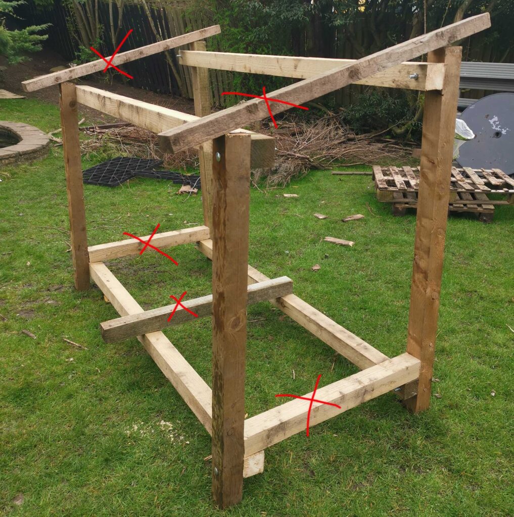 Front and rear frames of my diy log store build before they were fastened in.