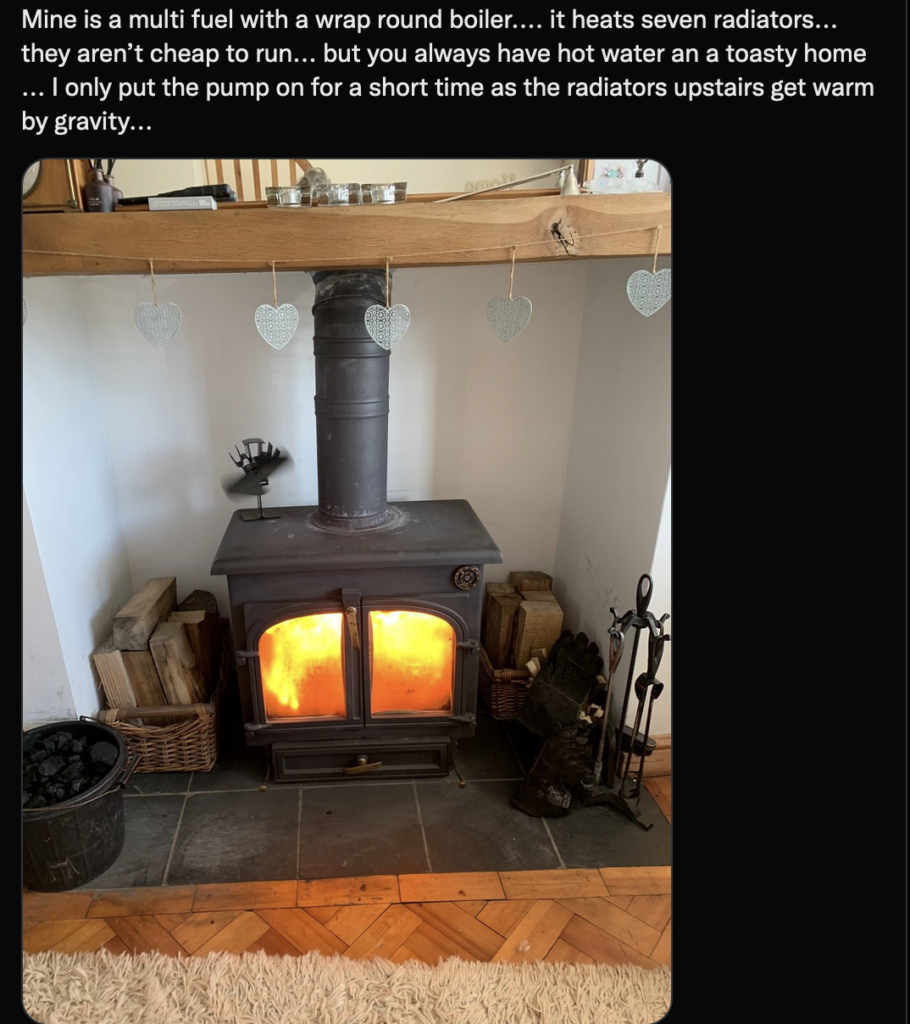 A multi-fuel burner that heats 7 radiators set in a living room that keeps the entire house warm.
