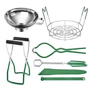 7 Piece canning kit including wire rack, funnel, plastic spatula, tongs