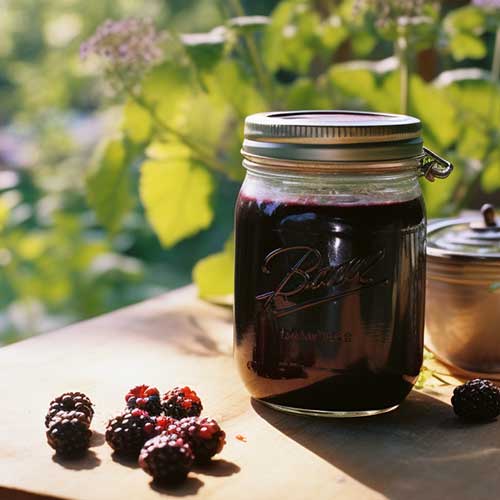 Jar of blackberry jam and a hand full of blackberries on a table in summer