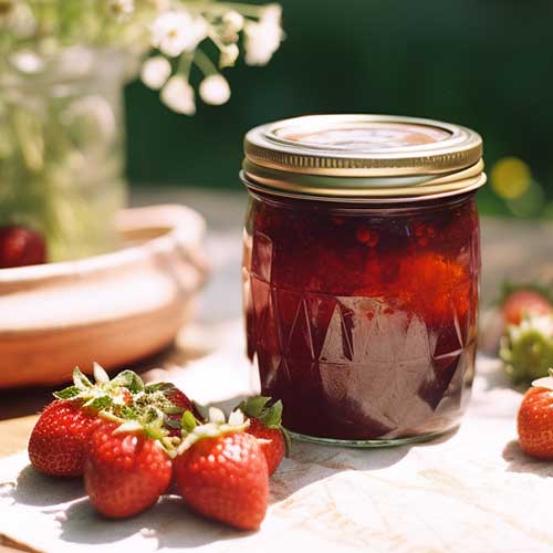 Jar of strawberry jam and a bunch of strawberries on a table
