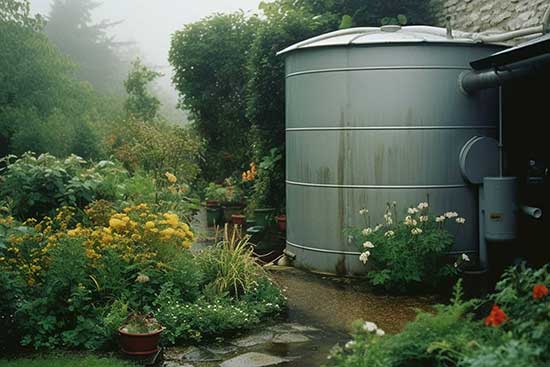 Rainwater harvesting storage tank in an English country garden
