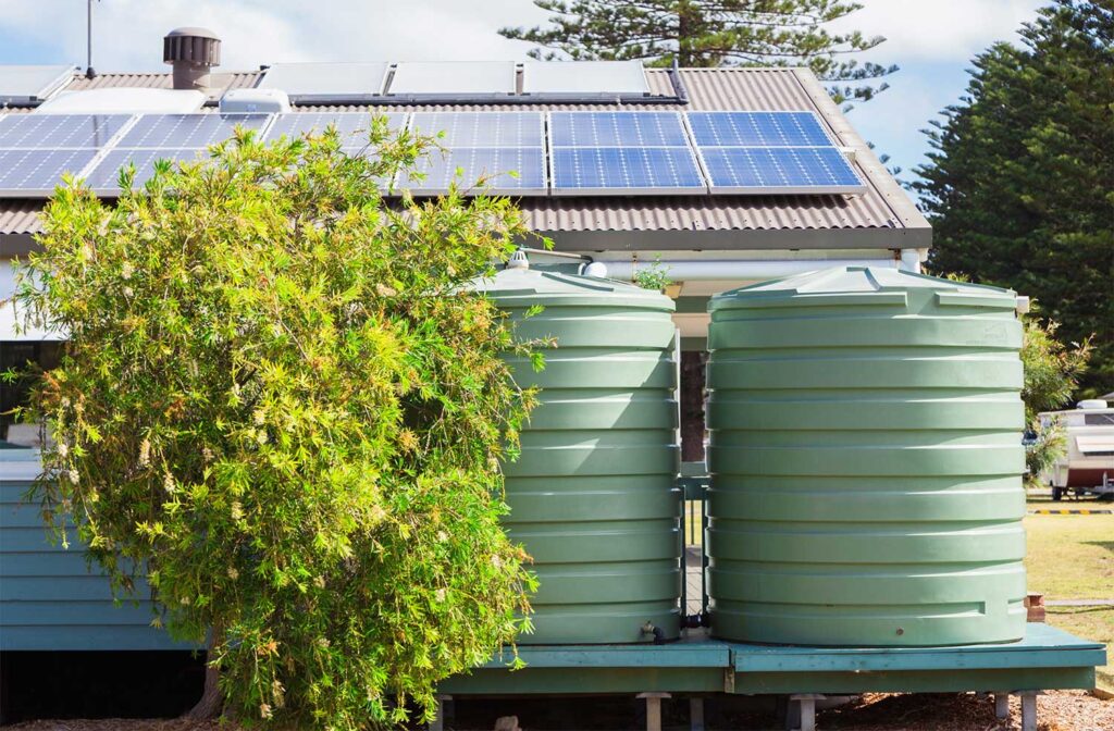 Rainwater storage tanks and solar panels