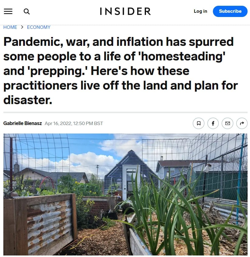 Business Insider article claiming homesteading is on the increase due to pandemic, war and inflation. 