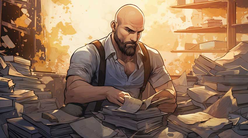 Man reading survival books during an apocalypse