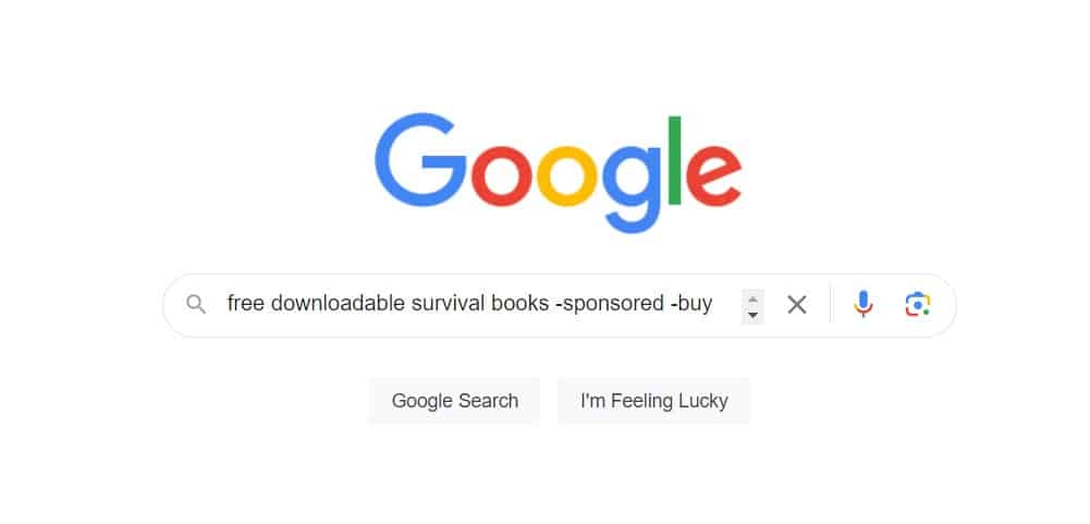 google search bar showing how to search for free downloadable survival books with some search operators
