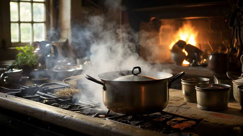 A pot simmering on a stove top showing the potential for wood heating and cooking